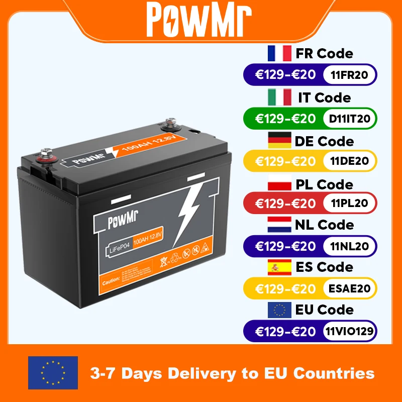 PowMr 300AH 200AH 150AH 100AH Lifepo4 Battery 12V 24V Battery Packs Solar Lithium Battery Rechargeable BMS Grade A 6000+ Cycle