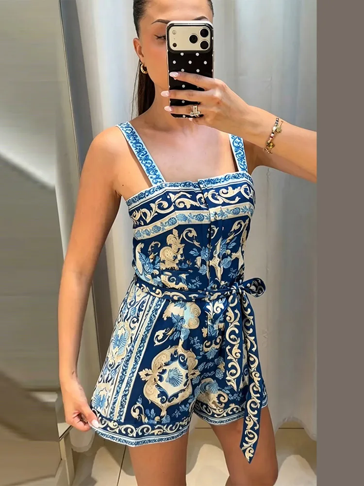 Blue And White Porcelain Printed Female Bodysuit Single Breasted Belt Slim Suspender Short Pant Summer Lady One-piece Top 2026