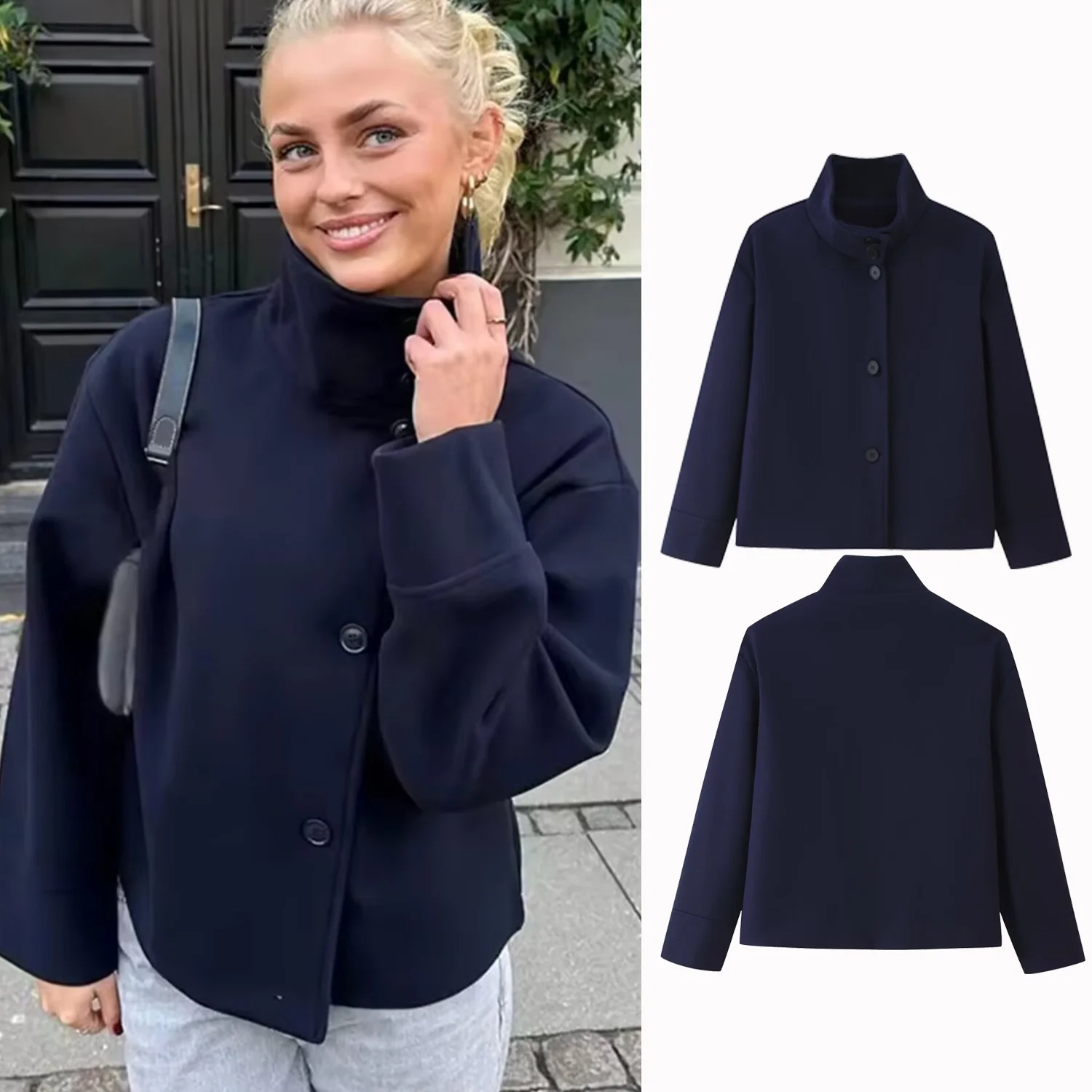 

Осенняя темно-синяя куртка 2024, женская однобортная куртка с воротником-стойкой, свободное женское пальто, повседневный стиль, женская уличная короткая верхняя одежда, топы