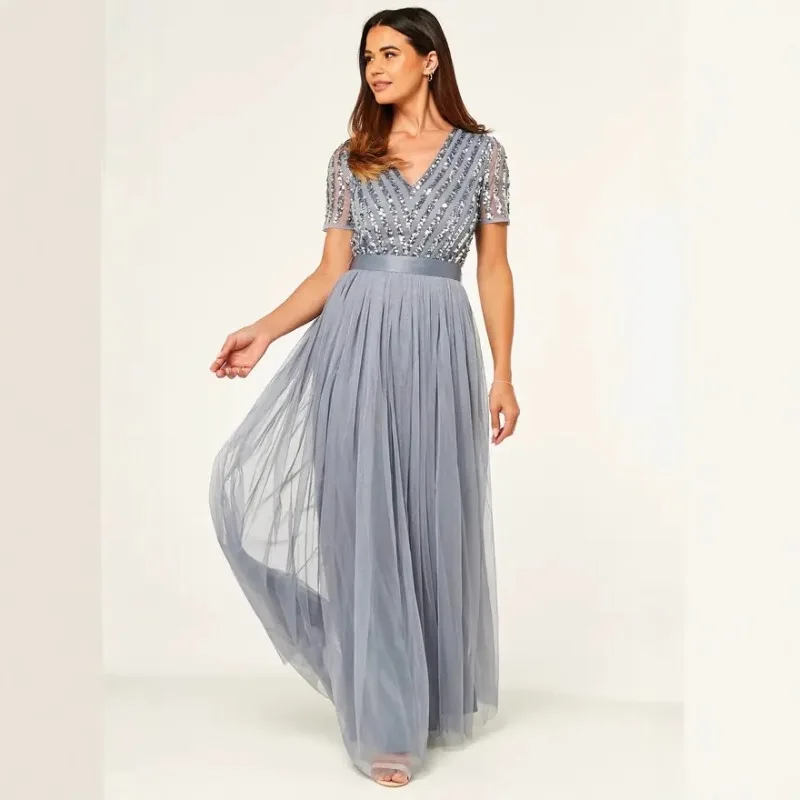 

European and American 2025Spring/Summer New Glitter Dress Short Sleeve V-neck Large Swing Evening Dress High Waist Banquet Dress