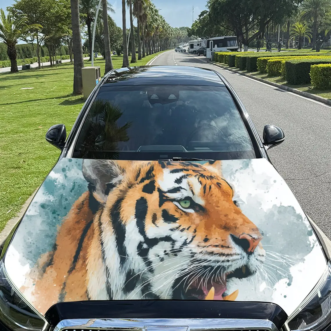 

Artistic Tiger with Green Eyes PVC Car Engine Hood Vinyl Wraps, Self-Adhesive Waterproof Car Hood Decal Sticker, Car Decoration
