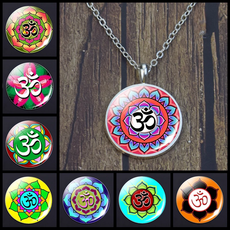 Om Flower Necklace Flower Yoga Figure Cabochon Glass Pendant Indian Religious Jewelry Gift for Men and Women