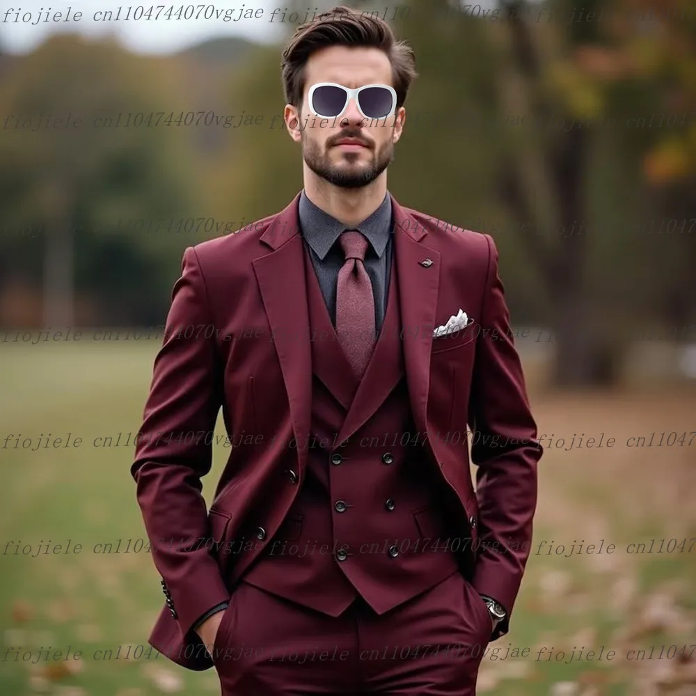 

Новый бордовый мужской костюм, официальная свадебная вечеринка, жених, жених, деловые мужские смокинги, комплект из трех предметов по индивидуальному заказу, куртка, жилет, брюки