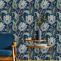 Exotic Paisley Decorative Wall Decals,Rich Blue with Colorful Floral Motifs Wallpaper Self Adhesive,Wallpaper Sticker,PVC FREE