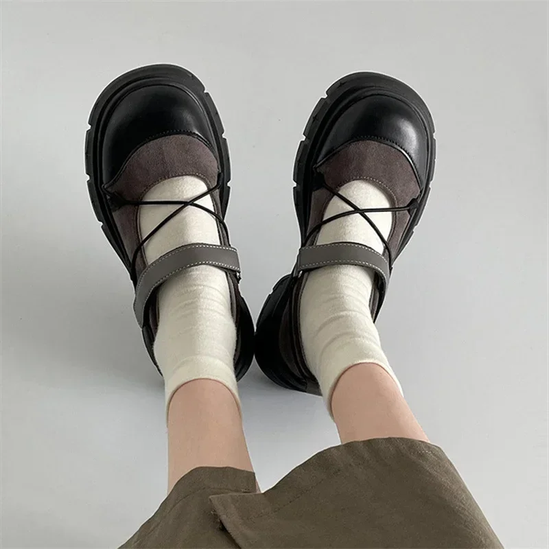 Okrągłe Toe HOOk&LOOP Mary Janes damskie buty antypoślizgowe grube dno buty damskie Retro wysokość zwiększająca na co dzień