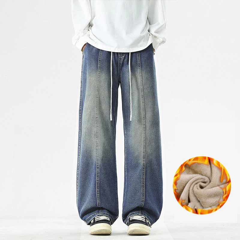 KSTUN Winter Men's Wide Leg Jeans with Fleece Elastic Waist Loose Thicken Denim Pants Americian Vintage Streetwear Drawstring