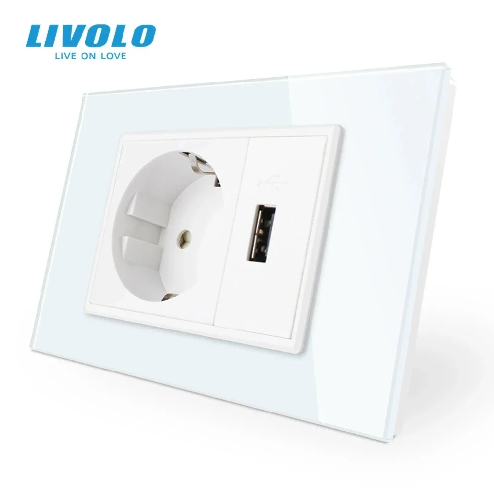 New Livolo Two Gang  EU Socket & USB Socket , White Crystal Glass Panel, AC 110~250V 16A Wall Power Socket, VL-C9C1EU1U-11