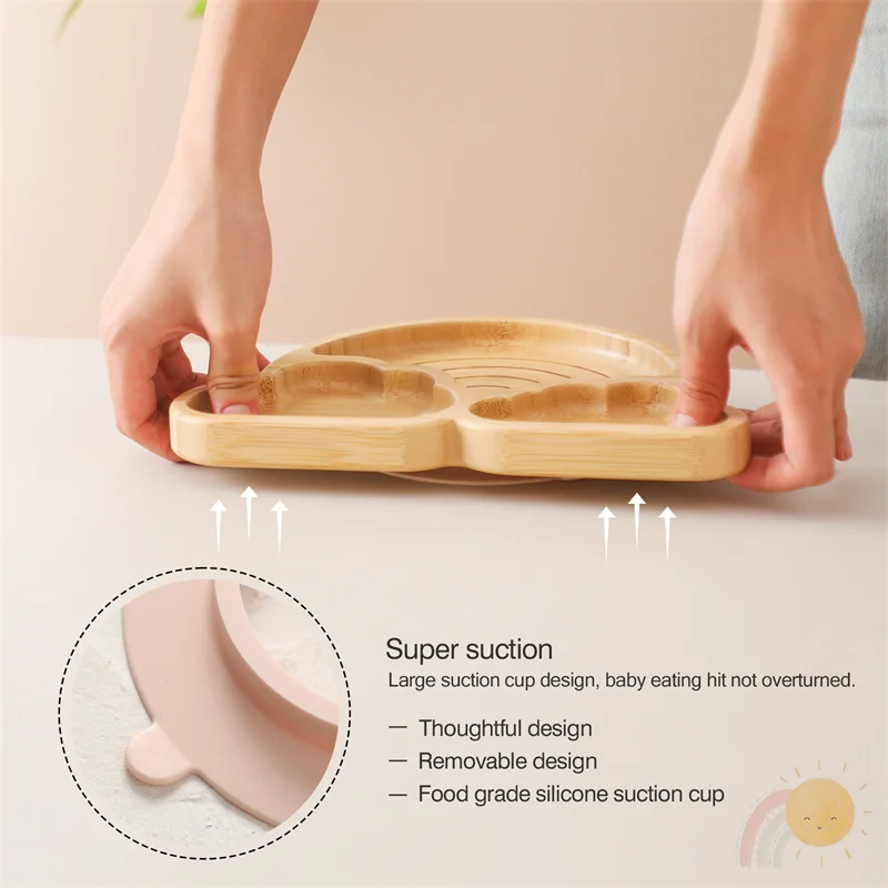 Baby Bamboo Wooden Dinner Plate Non-slip Tableware Sucker Plates Bowl Fork Spoon Sets Sun Shape Feeding Dishes Infant Birth Gift