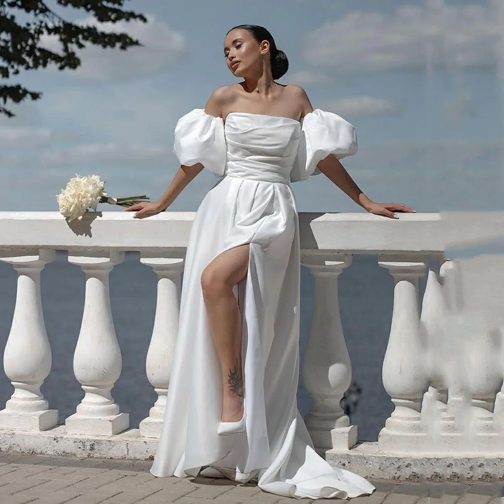 Msikoods Off The Shoulder Beach Brides abiti da sposa maniche corte Sexy Side Split Satin Bride Dress abiti da sposa