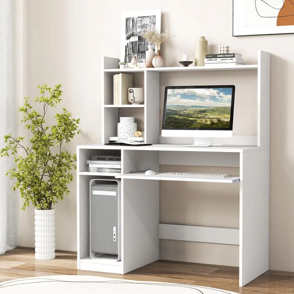 Computer Desk with Hutch, Multifunctional PC Laptop Table with Keyboard Tray, CPU Stand, Power Outlet, Simple Work Desk Writing
