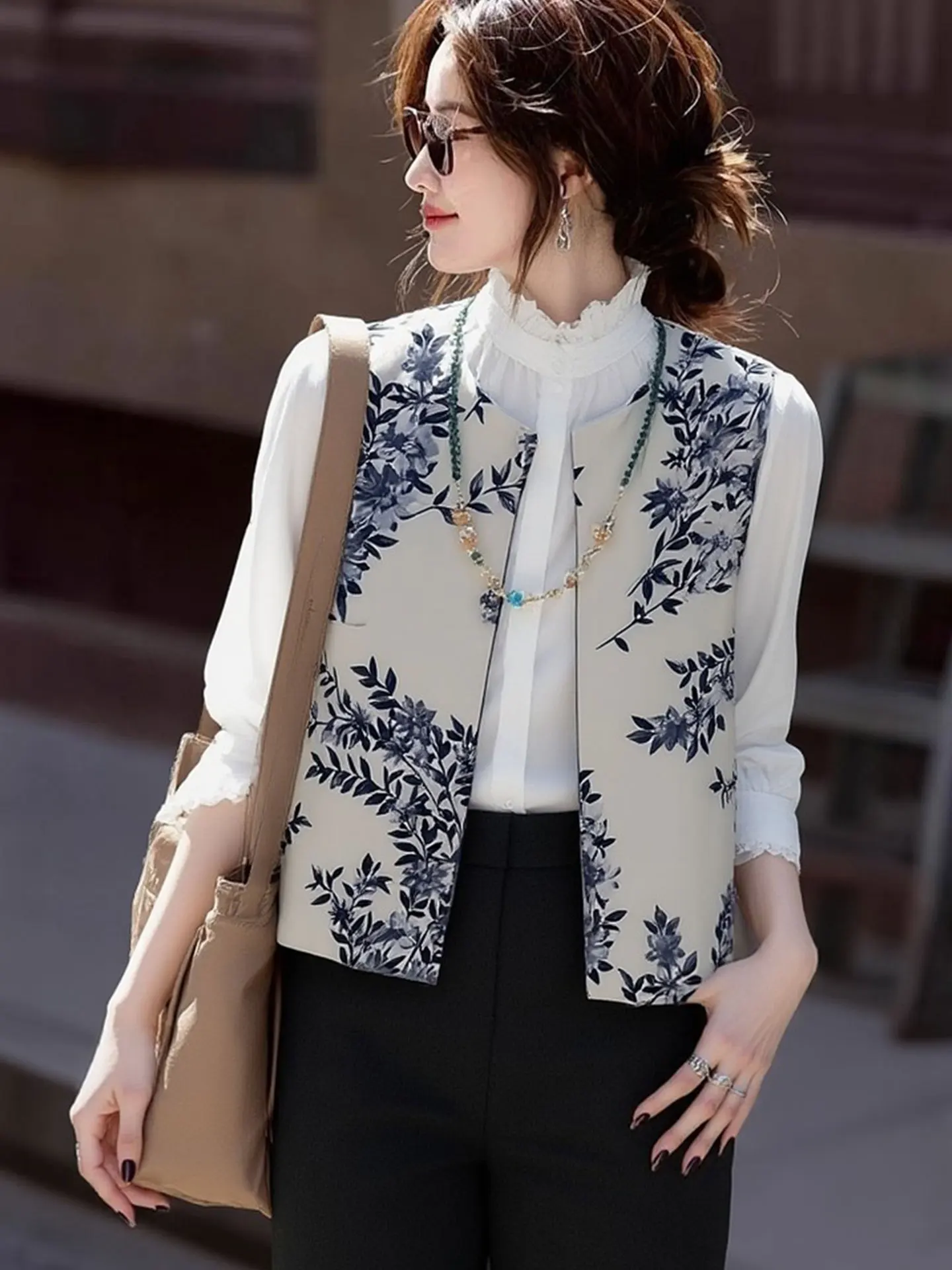 

New Chinese Sle Water-Mark Print Vest Women's Faion High-End Spring Clothing Comfortable Medium Softn Korean Version