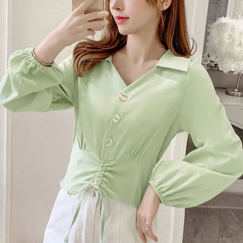 Women\'s Monochromatic Shirring Shirt, Korean Fashion, Long Sleeve, Temperament, All-Match Slim Tops, Spring Clothes, New Style