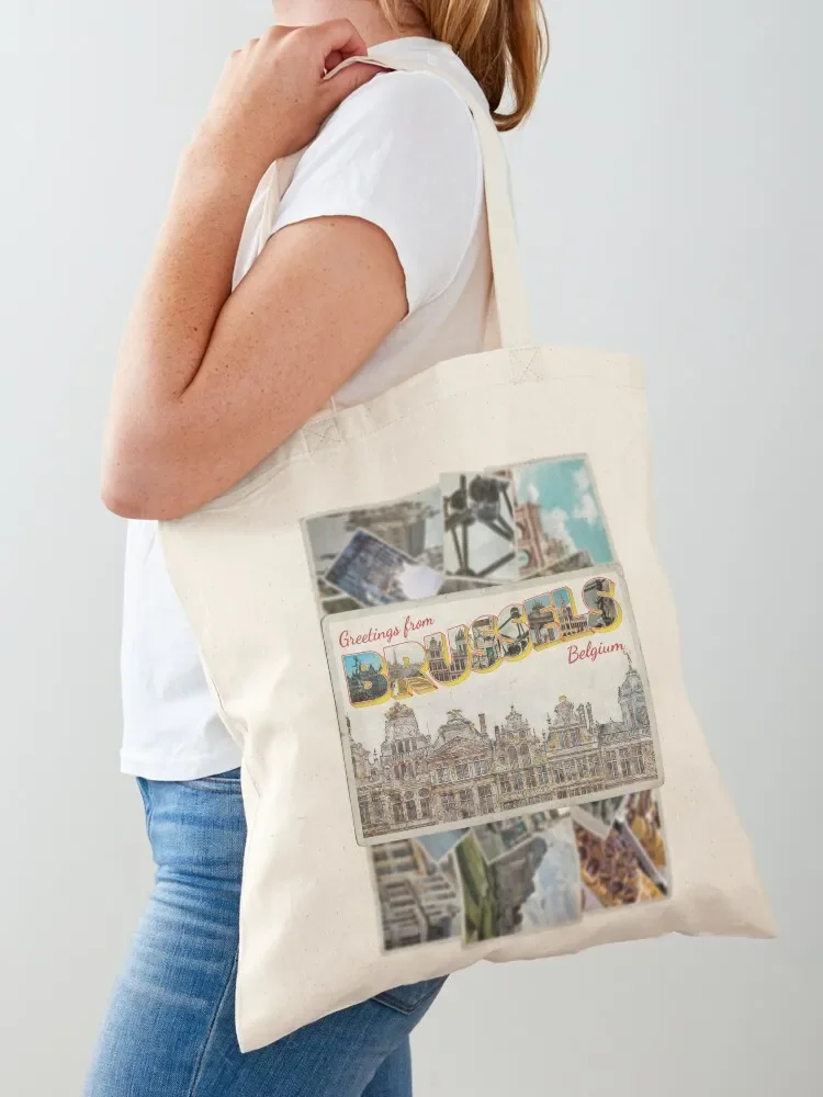 Greetings from Brussels in Belgium Vintage style retro souvenir Tote Bag Women bags custom canvas bag Tote Bag