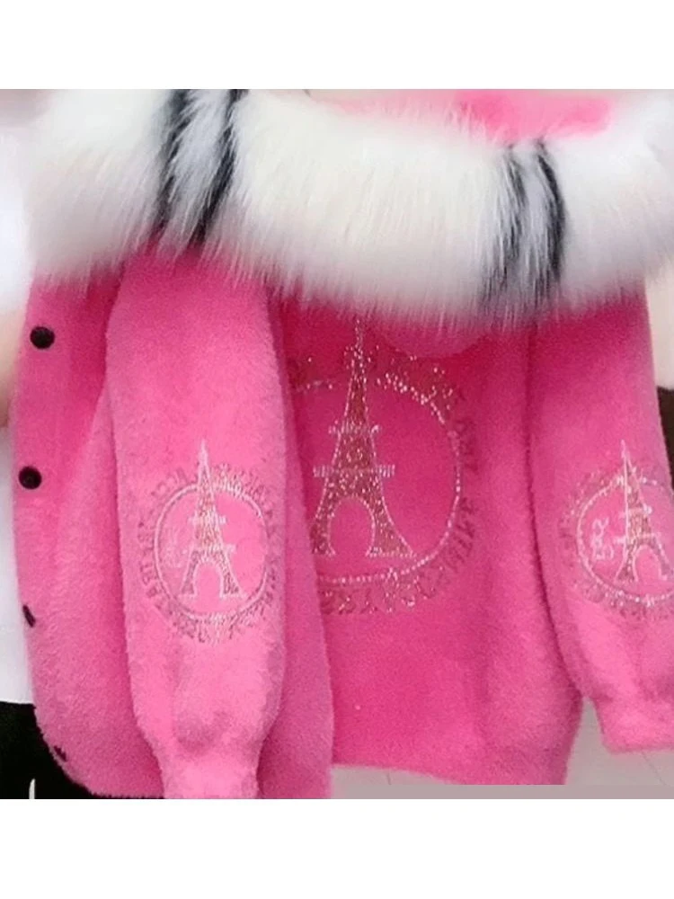 Autumn And Winter New Warm Solid Color Thick Hooded Imitation Mink Fur Coat With Rhinestone And Fur Collar Women's Top Cardigan