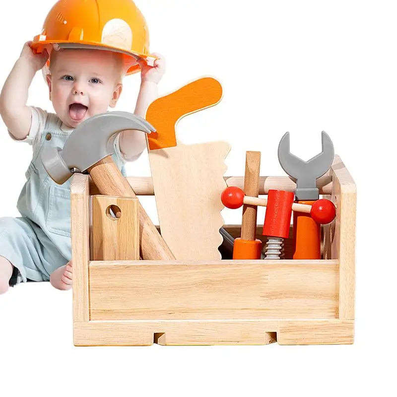 Tool Set for Kids 16pcs Wooden Toddler Construction Toy with Box Portable Montessori Early Developmental Toys Pretend Play Toys