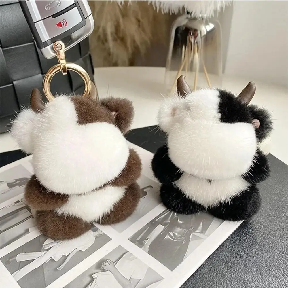 

Long Mane Calf Plush Pendant with Horn Simulation Mink Fur Plush Cow Keychain Bag Decor Stuffed Cute Animal Keychain