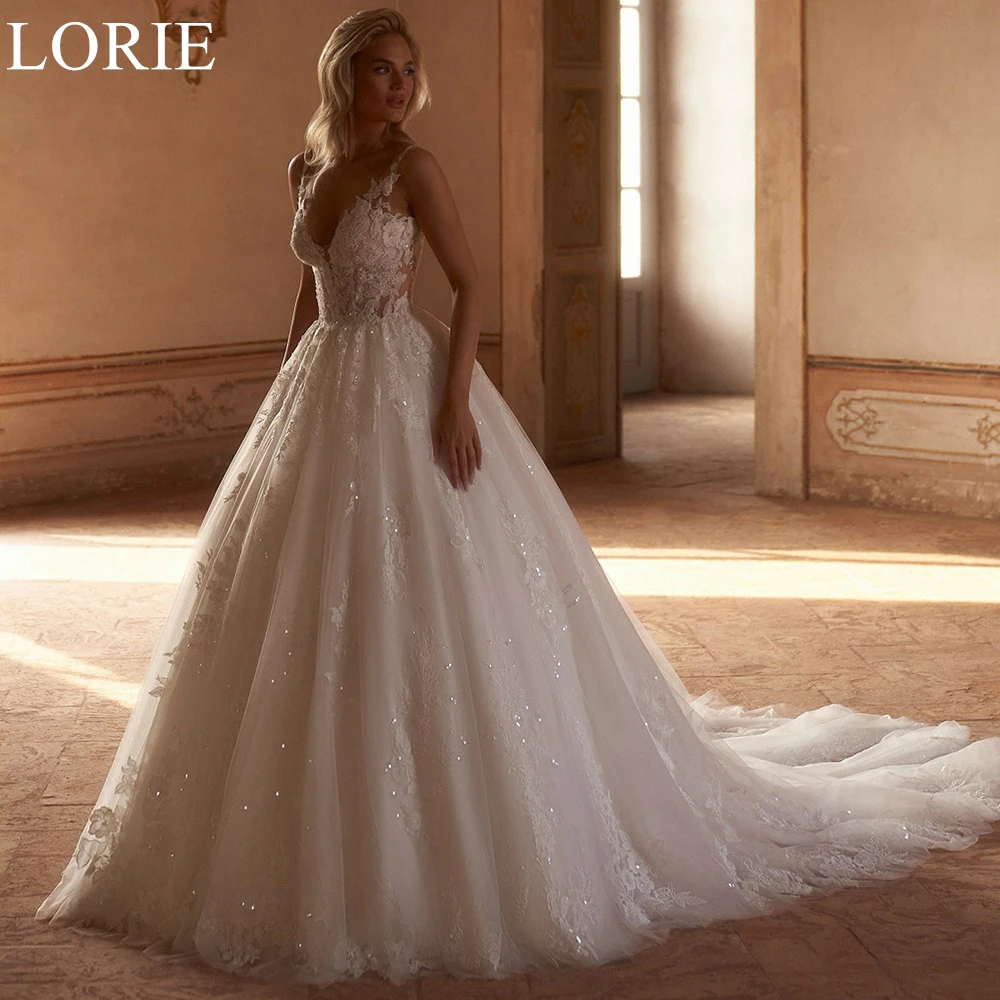 

LORIE BOHO Luxury A-Line Wedding Dresses Spaghetti Strap V-Neck Glitter Lace Appliques Exquisite 2024 Romantic Bridal Gowns