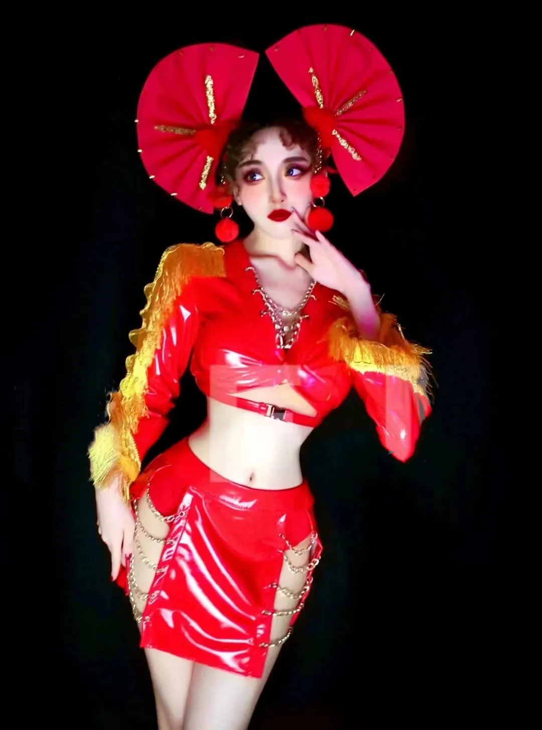 Traje de baile Gogo para fiesta y Bar, DJ, cantante, bailarina, ropa de escenario Sexy, cuero PU rojo, borla dorada, trajes Rave, ropa de actuación