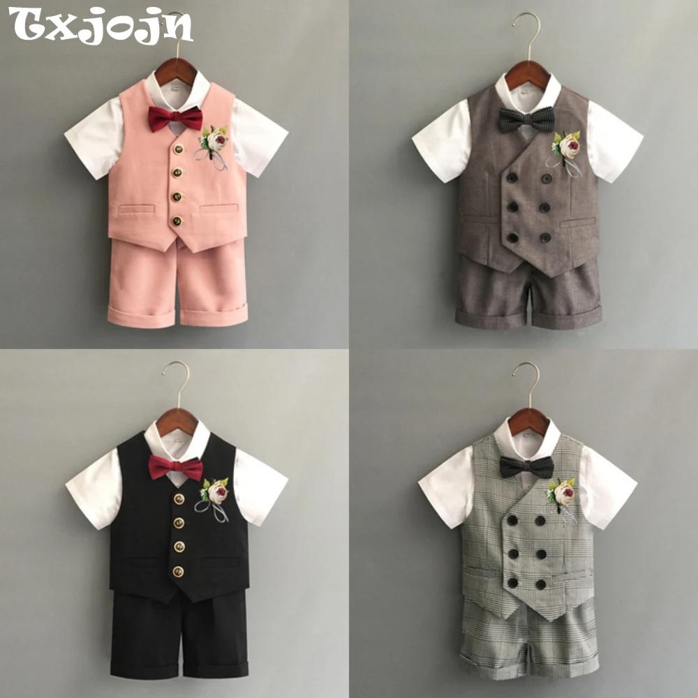 

New Arrival Summer Kids Suits 4 Pieces Birthday Party Wear Handsome Elegant Boys Slim Fit Suit Set Stage Performance Outfit