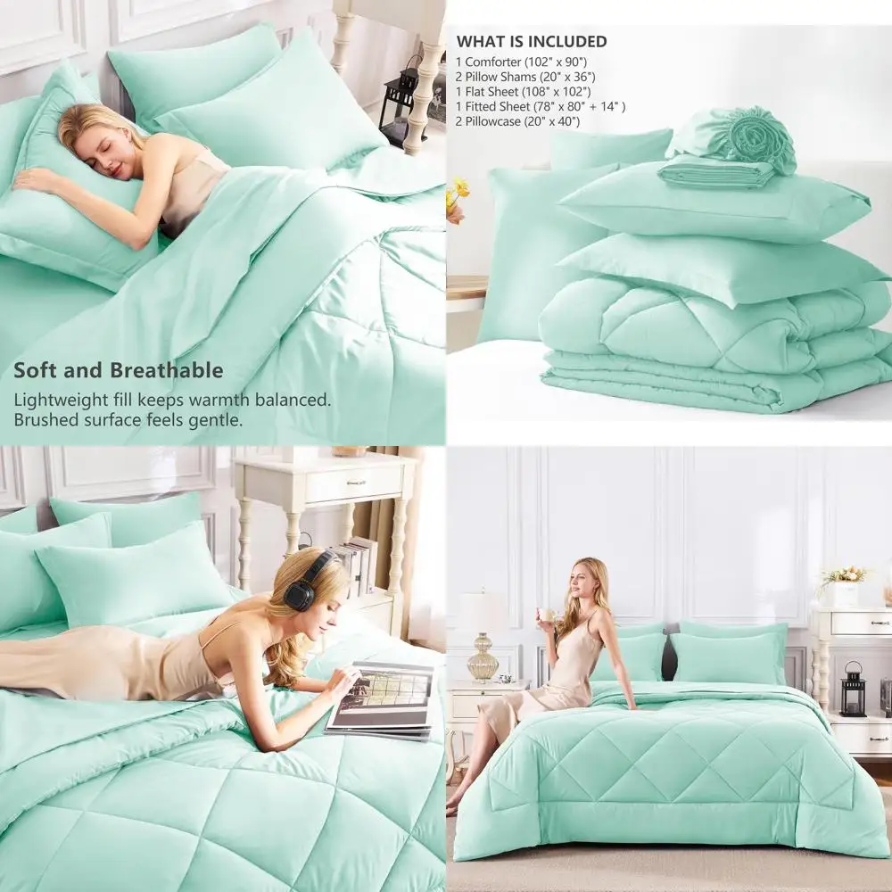 

Мятно-зеленый комплект постельного белья King Size из 7 предметов: роскошное постельное белье с наполнителем из искусственного пуха, простыни, наволочки и декоративные наволочки.