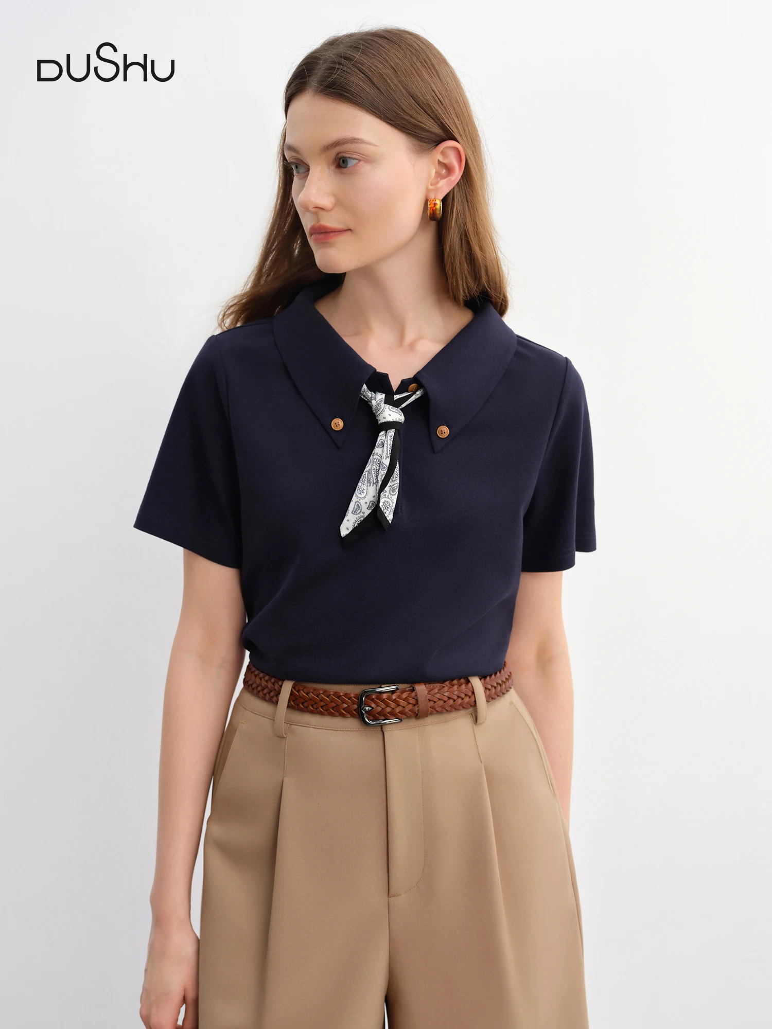 DUSHU Plus Size Women Waistflower Scarf Pattern Short Sleeve Polo Collar T-Shirt New 2025 Arrival Relaxed Fit 25DS82918