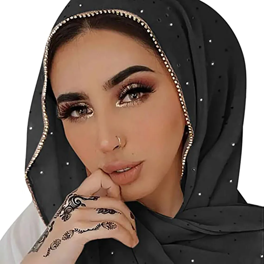 Hijabs de gasa con diamantes de imitación para mujer, chal musulmán de moda y envoltura, turbante elástico liso con cremallera, pañuelo para la