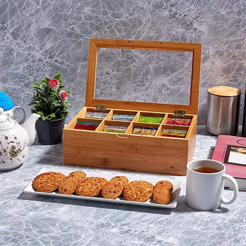 

Wooden Tea Box Tea Bag Organizer 8 Girds For Assorted Variety Of Tea Bags And Small Items, Pantry, Gifts For Mom Dad Family