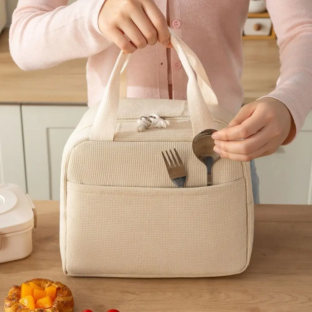 Compact Corduroy Insulated Lunch Bag Hand-Held Large Capacity Thermal Lunch Bag Minimalist Portable Lunch Box Storage Bag Travel