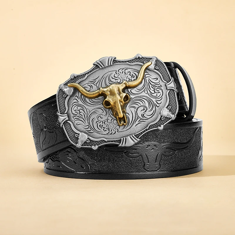 Cinturón de Cuero Estilo Vaquero Occidental Vintage para Hombre - Correa Larga con Hebilla de Cuerno de Toro y Grabado Floral para Jeans