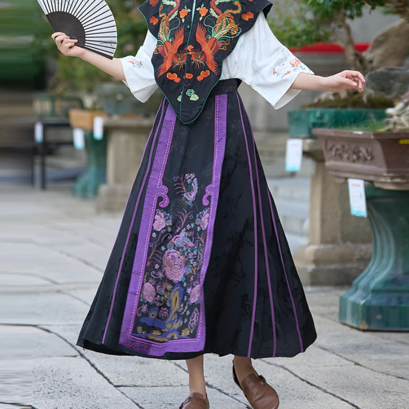 

National Embroidery Improved Horse-face Skirt New Chinese Retro Classical A-line Half Literary Oriental Harajuku Skirts Women