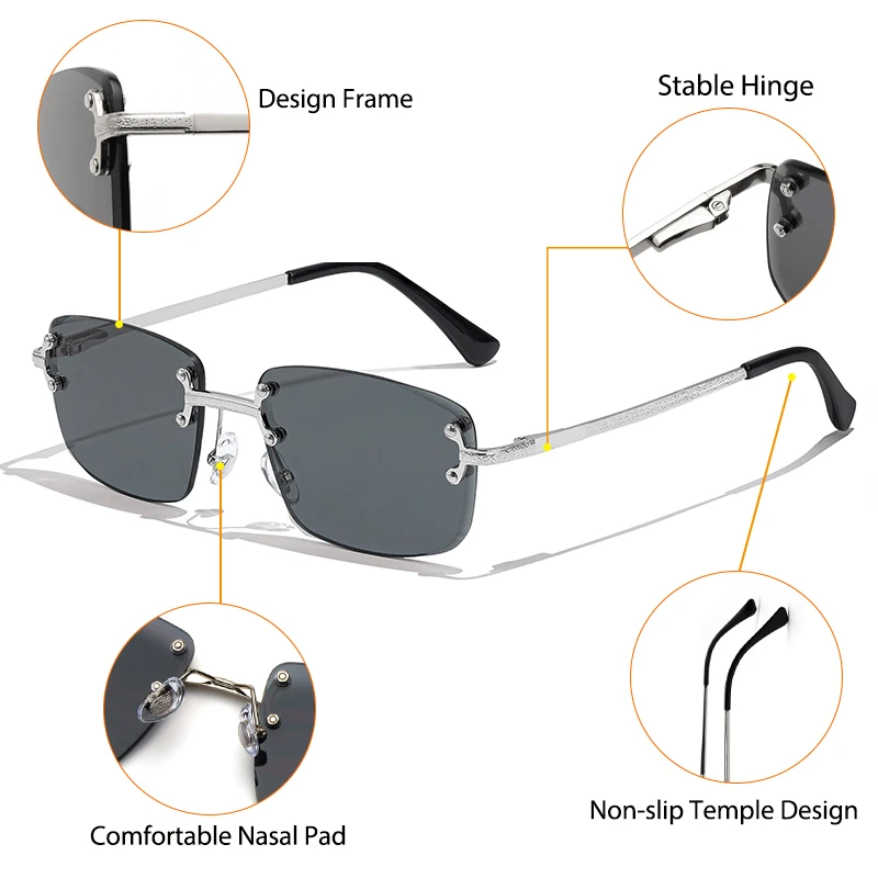 CATERSIDE Metal Rimless Frame Gradient Men\'s Sunglasses Punk Luxury Women Eyewear Small Rectangle Sun Glasses for UV400 Driving