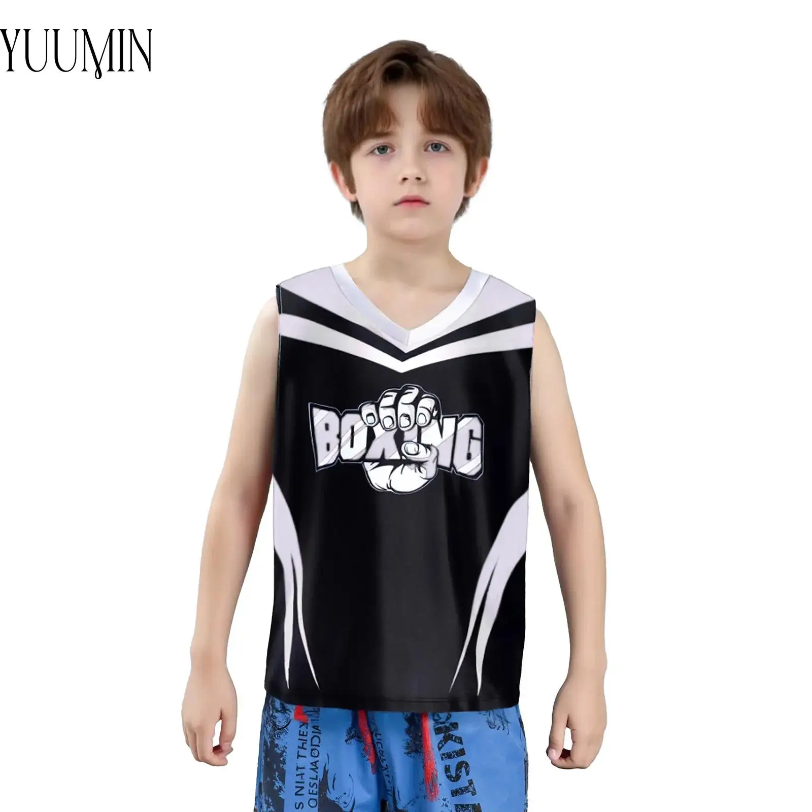 

Kids Boys Quick-drying Boxer Vest V-Neck Sleeveless Moisture-wicking Color Block Tank Top for Boxing Training Workout Sportswear