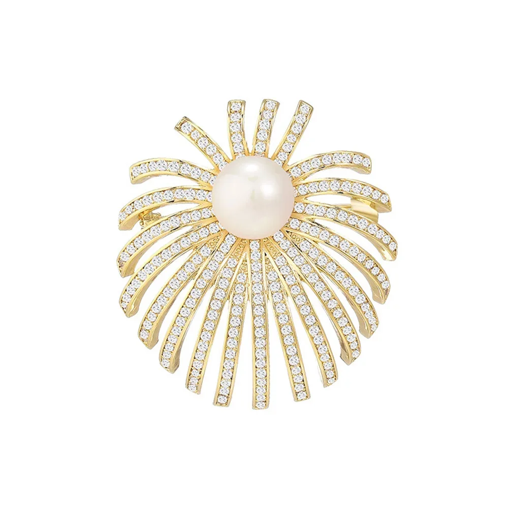 Luxurious Gold-plated Firework Pearl Brooch Full Zircon Inlaid Flower Corsage Women's Dress Decoration Accessories Jewelry