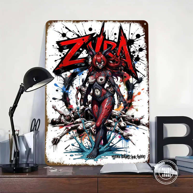 Zombie Furry Girl With Corpses 3D Printed Texture Poster Personalized Wall Art Retro Metal Tin Signs for Living Room Decoration