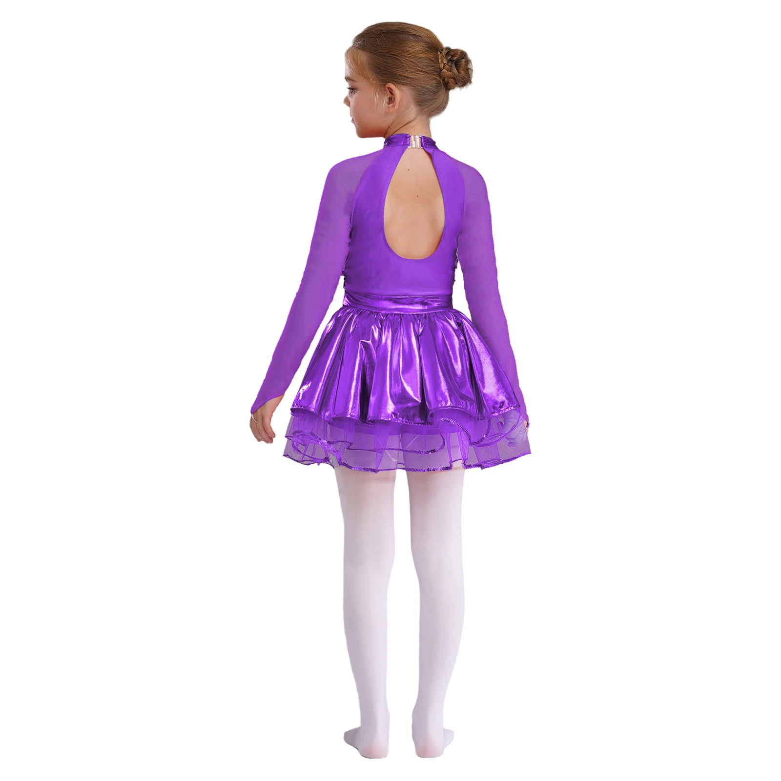 Sukienki baletowe jazzowe z cekinami i metalicznym efektem dla dziewcząt, z długim rękawem, z przezroczystej siateczki, nowoczesne stroje do łyżwiarstwa i gimnastyki.