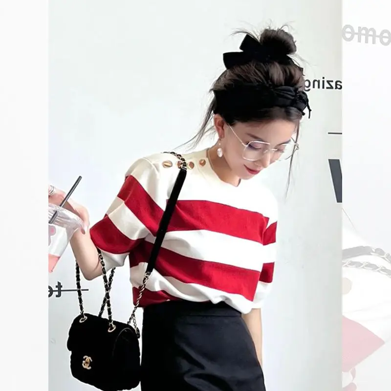 Unique Chic Red and White Striped Knit Ice Silk Short Sleeve T-Shirt Women\'s Fashion Clothing 2024 Summer Aesthetic Korean Style