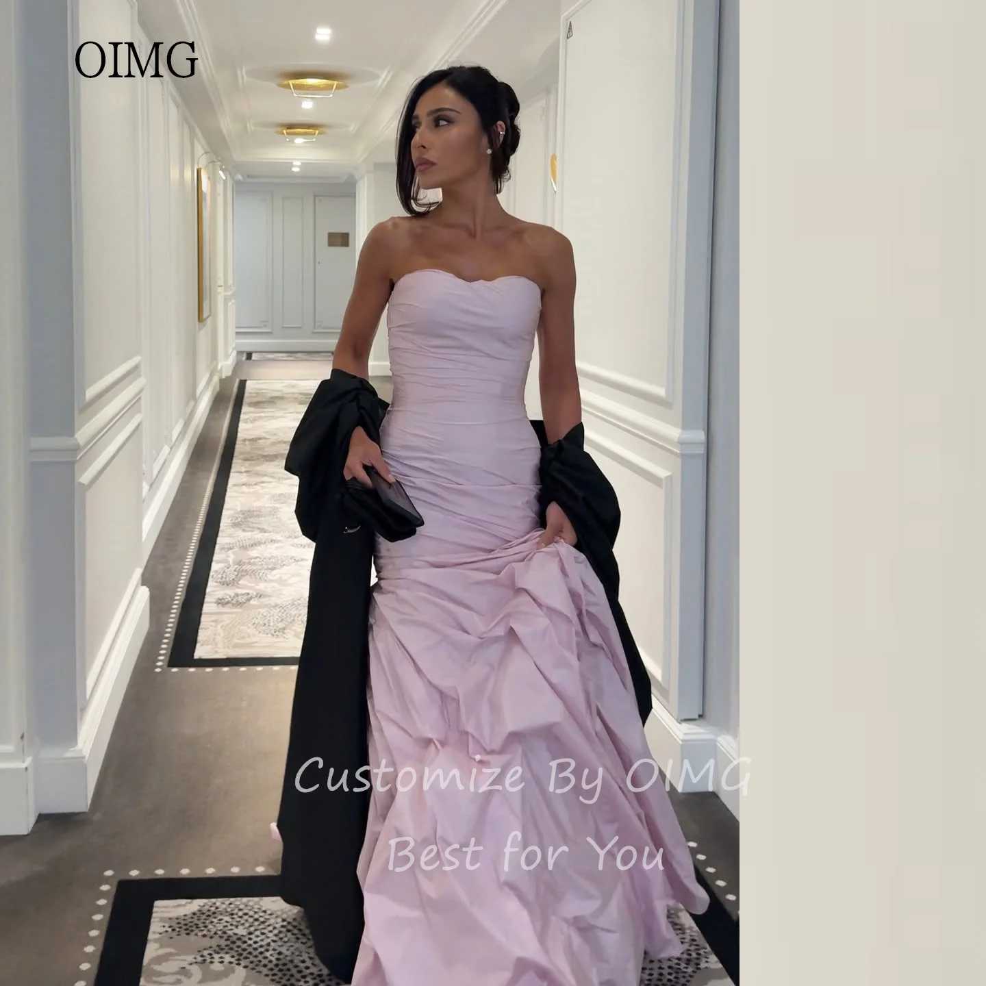 

OIMG Pink Sweetheart Neck Tiered A Line Prom Gowns Backless Shawl Formal Party Gown Modern Floor Length Evening Dress Customized