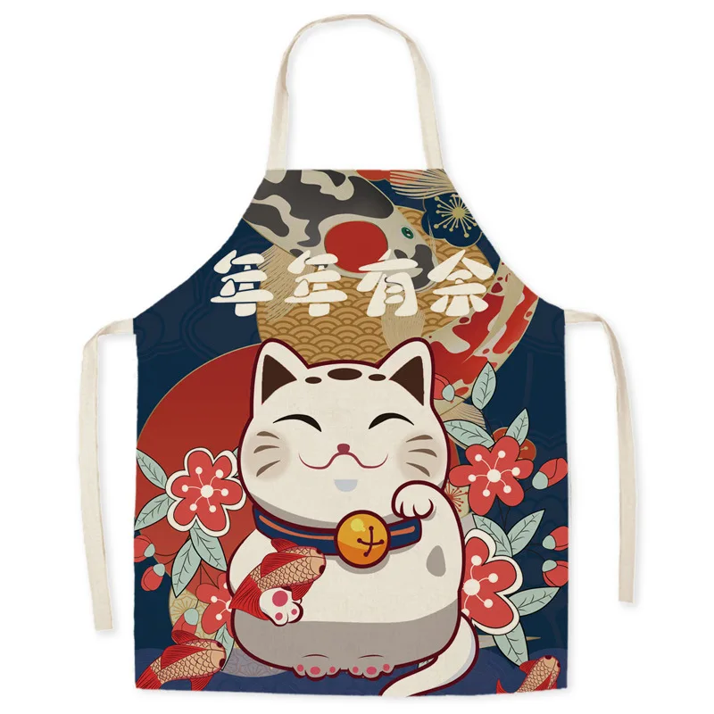 Japanese cartoon lucky cat linen apron home kitchen cooking baking apron oil-proof housework cleaning accessories