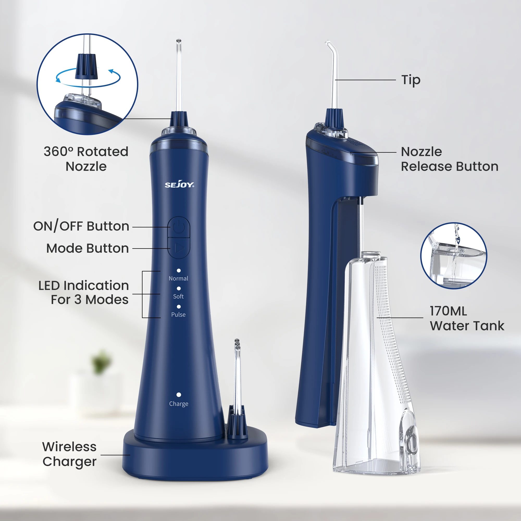 SEJOY جهاز ري الفم TB5011C جهاز تنظيف الأسنان بالماء المحمول مع قاعدة شحن لاسلكية المياه النفاثة الخيط خلة أسنان 5 طرف نفاث