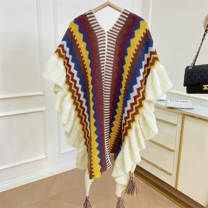 Vrouwen Etnische Stijl Poncho Capes Dames Mode Streep Kleurrijke Gebreide Oversized Poncho Wrap Omzoomde Sjaal Bohemian