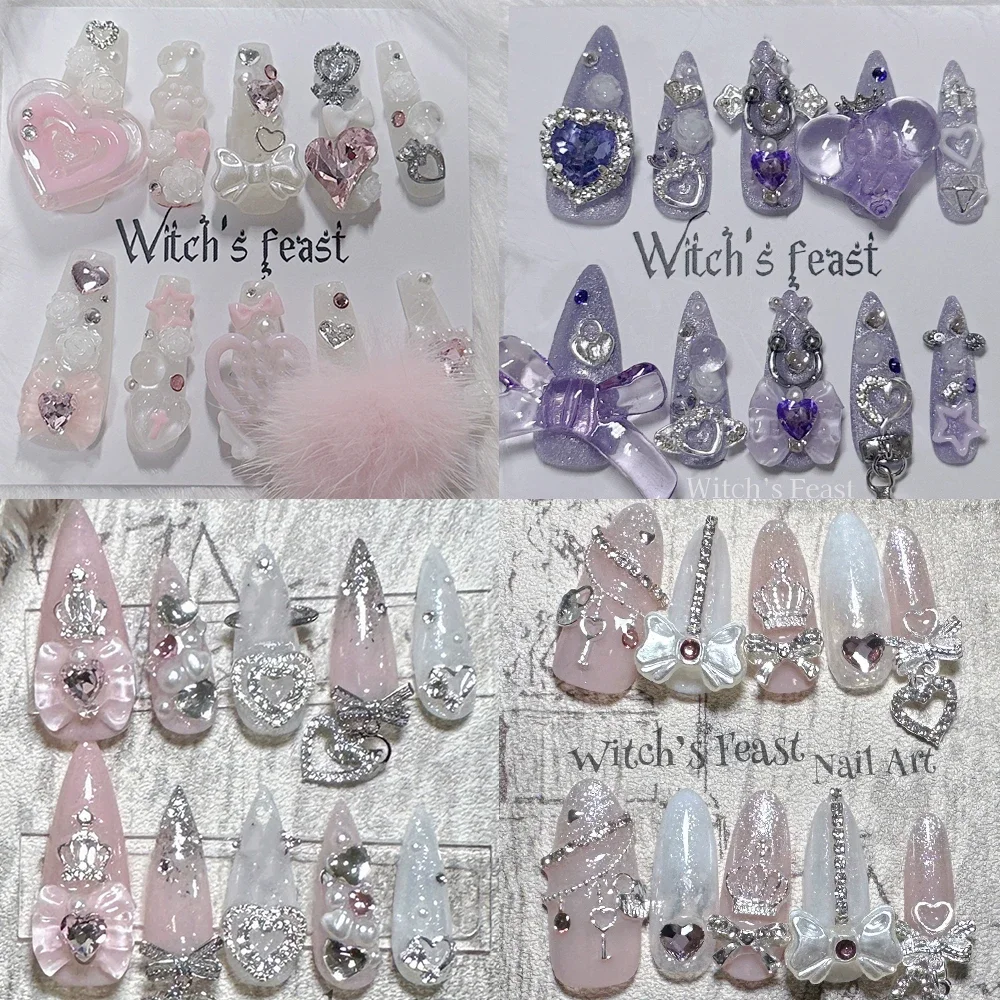 

Y2K Spicy Girl Handmade Long Almond Detachable Full Cover Nail Fashion 3D Love Pearl Bowknot Diamond Flowers Press On Nails