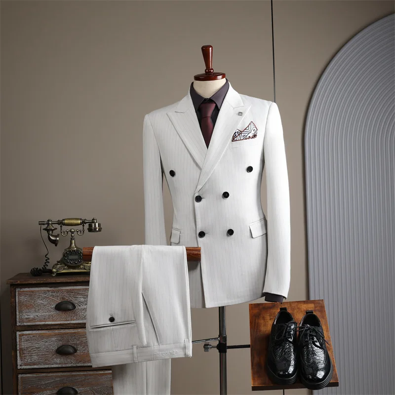 #6831-2 # Double breasted striped men's 2-piece suit for casual banquets, business slimming, high-end suits