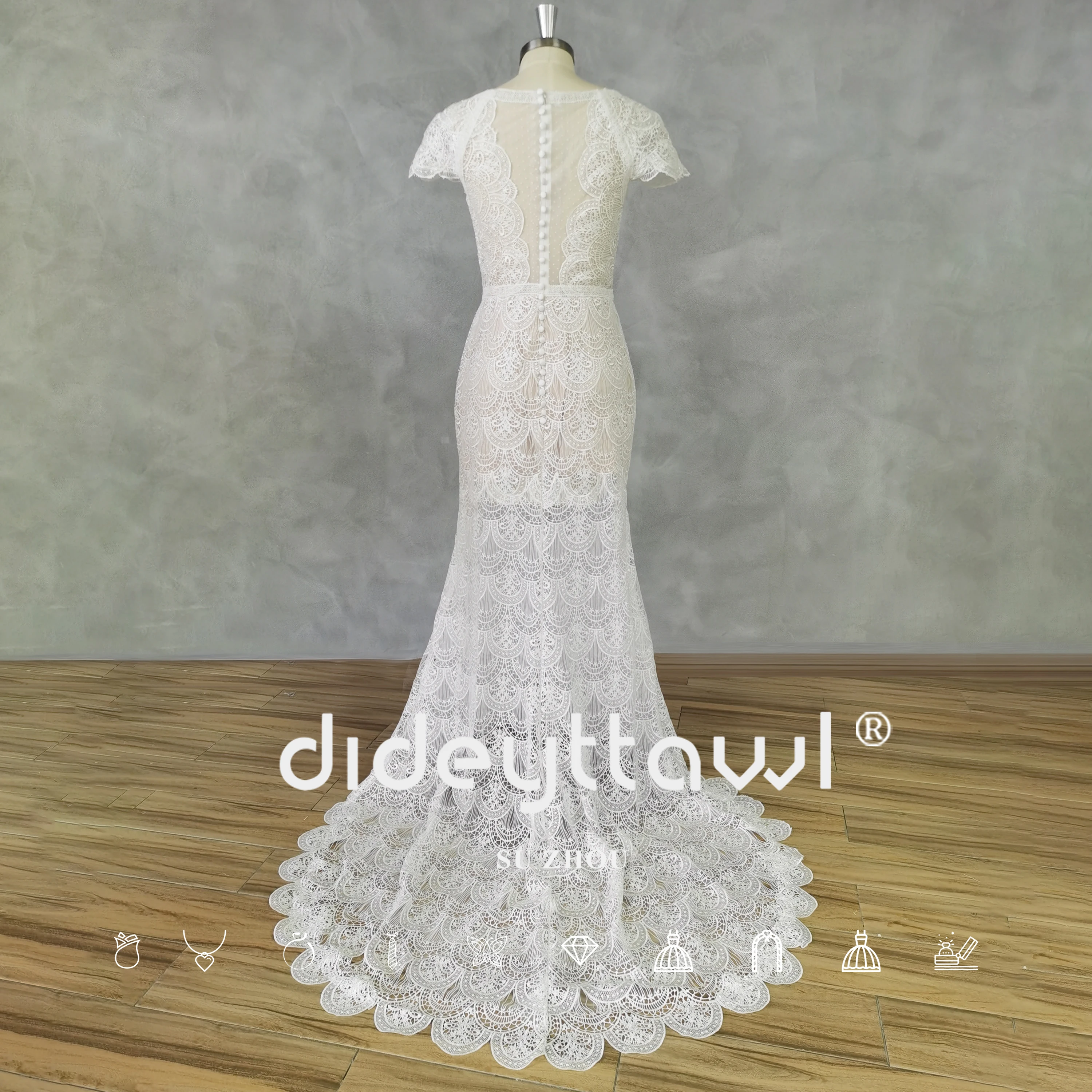 DIDEYTTAWL Real Picture O-Neck Cap Sleeves Lace Mermaid Wedding Dress For Women Elegant Illusion Back Court Train Bridal Gown