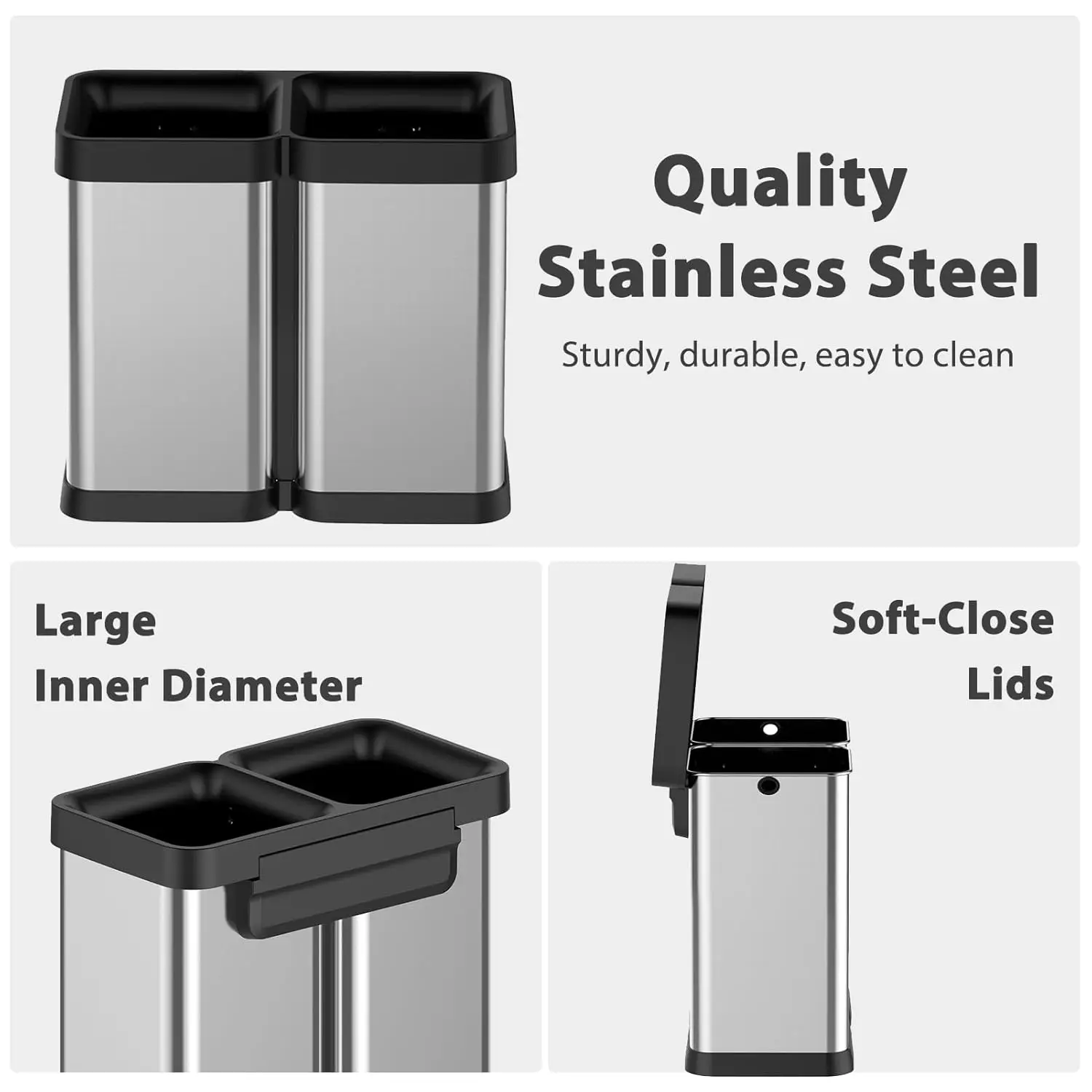 2x6.6 Gallon Kitchen Trash Can, Dual Compartment Waste Bins Open Top No Lid Stainless Steel Trash Bin For Kitchen Office Bucket