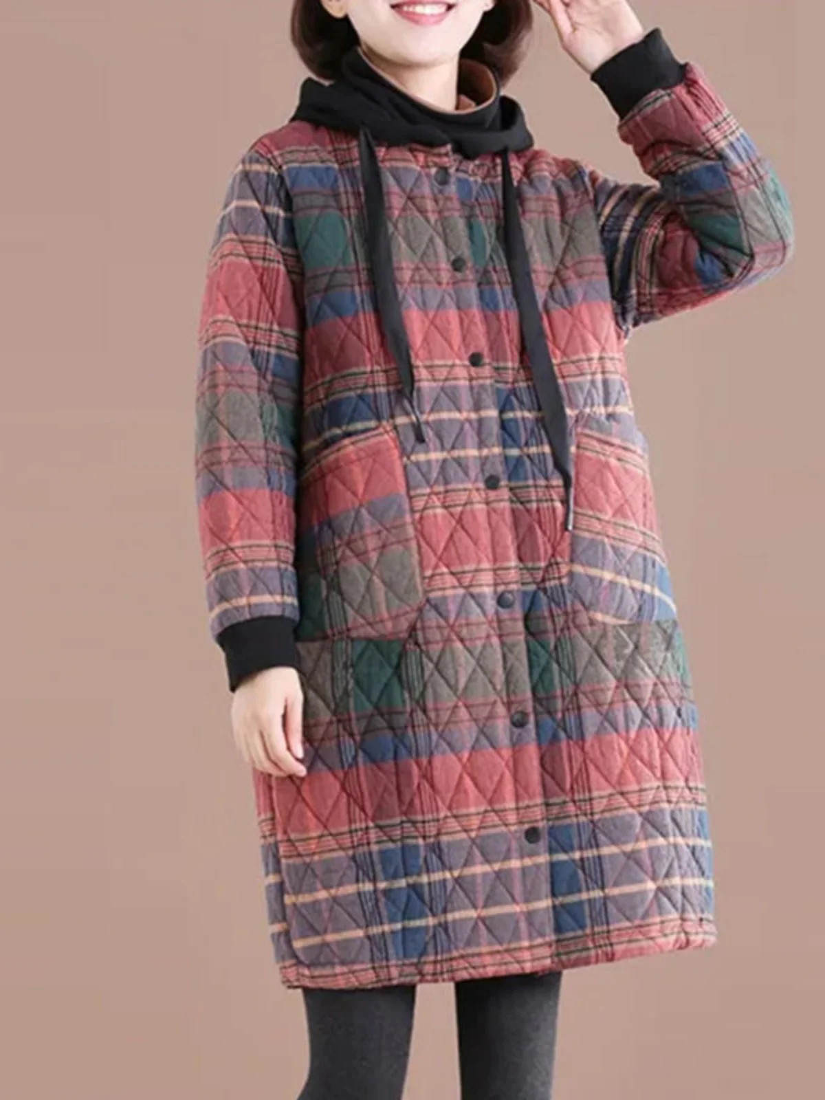 

Retro Plaid Cotton Linen Jaet Women Winter Cotton Filled Lightweight Warm Coat Mid-Length Knee-High Hooded Cotton Clothing