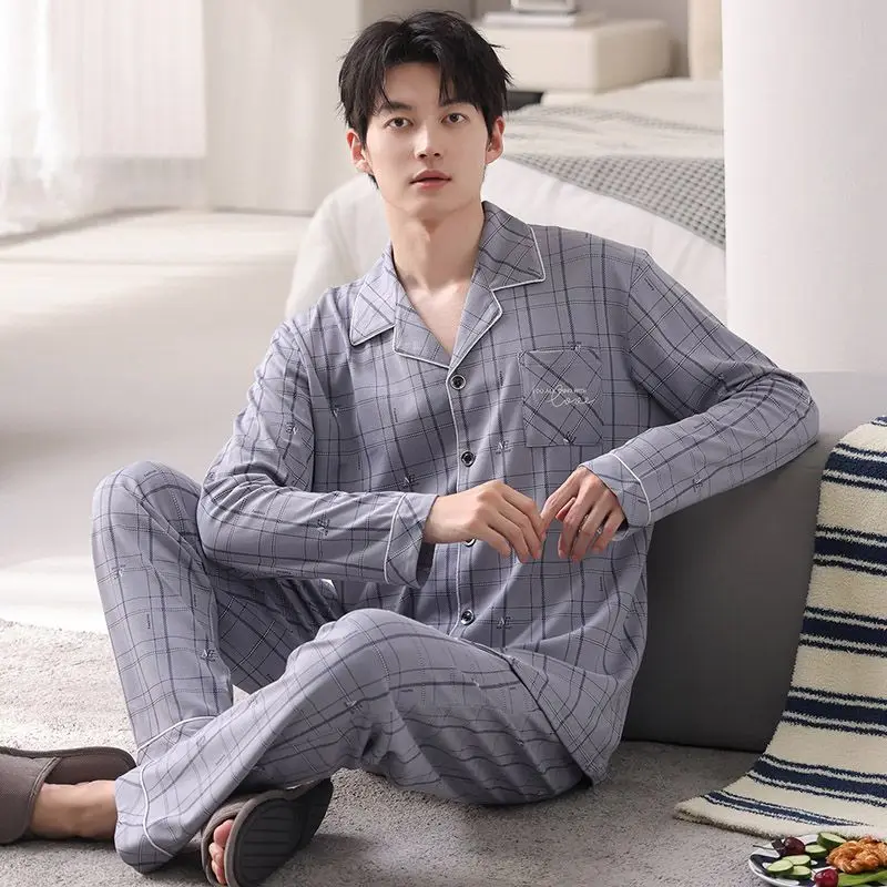 

Осень 2024, хлопковые повседневные клетчатые пижамные комплекты больших размеров с длинными рукавами для мужчин, корейский свободный костюм для сна, мужская домашняя одежда, домашняя одежда