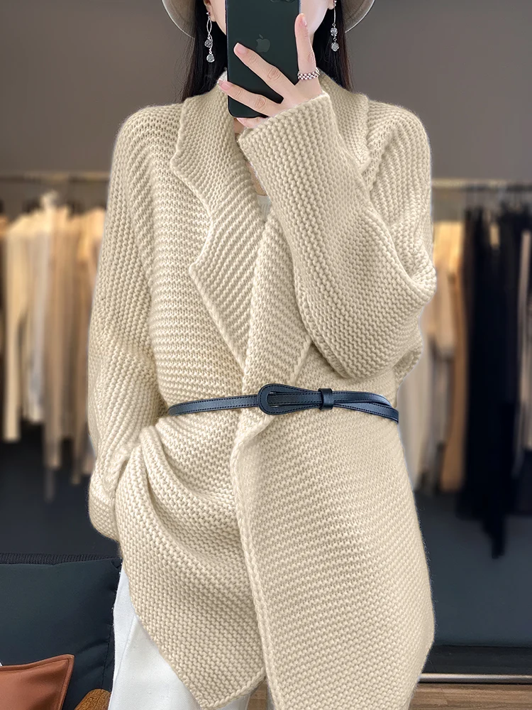 100% Merino Wool Women\'s Cardigans Sweater   Autumn Winter Thick Warm Casual O-neck Cashmere Knitted Long Coat Korean Fashion
