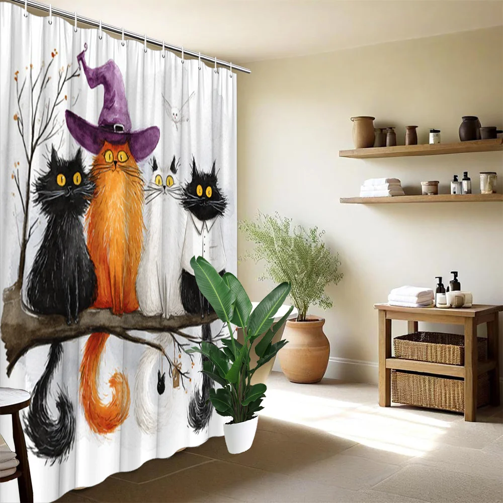 Cute Halloween Cat Shower Curtain Witchy Autumn Forest Art Group Bathroom Decor Polyester Washable Spooky Novelty Curtain