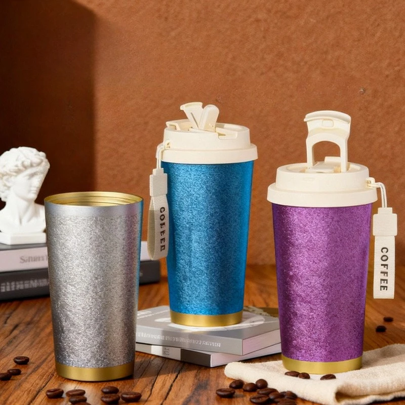 520ml Titanium Plated Insulated Water Bottle, 316 Stainless Steel Dual Drink Coffee Tumbler, Portable Travel Mug for Office