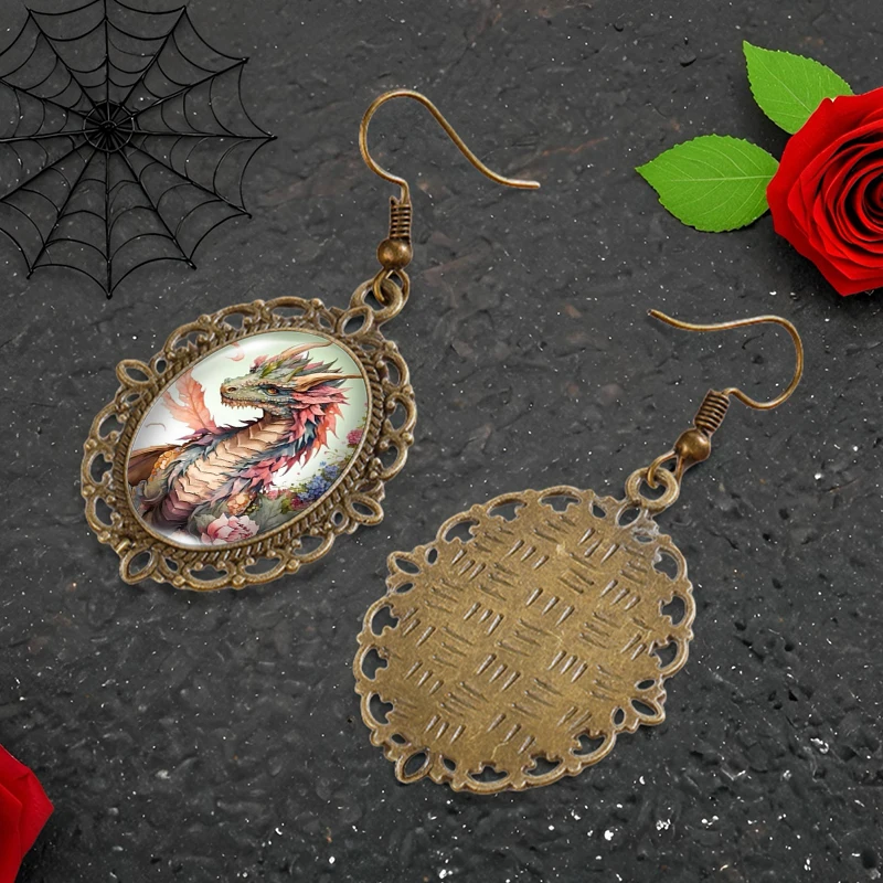 Retro Dragon and Flowers Picture Oval Glass Cabochon Flower Shaped Fish Hook Earrings Handmade Gifts